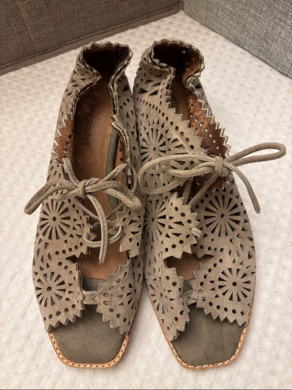 Jeffrey Campbell Espejo 9 Taupe Tan Suede Leather Laser-Cut Lace-Up Wedge Sandal
